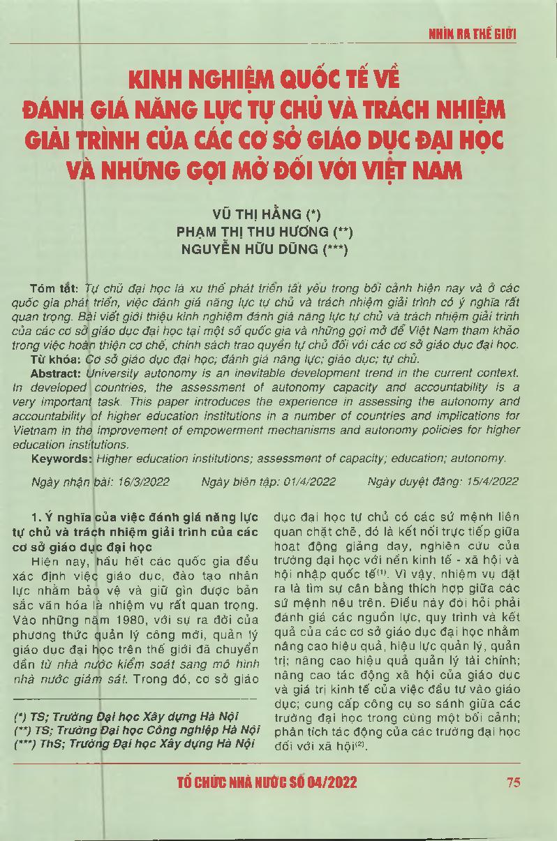 Kinh nghiệm quốc tế về đánh giá năng lực tự chủ và trách nhiệm giải trình của các cơ sở giáo dục đại học và những gợi mở đối với Việt Nam = International experience on assessing the autonomy and accountability of higher education institutions and implicat