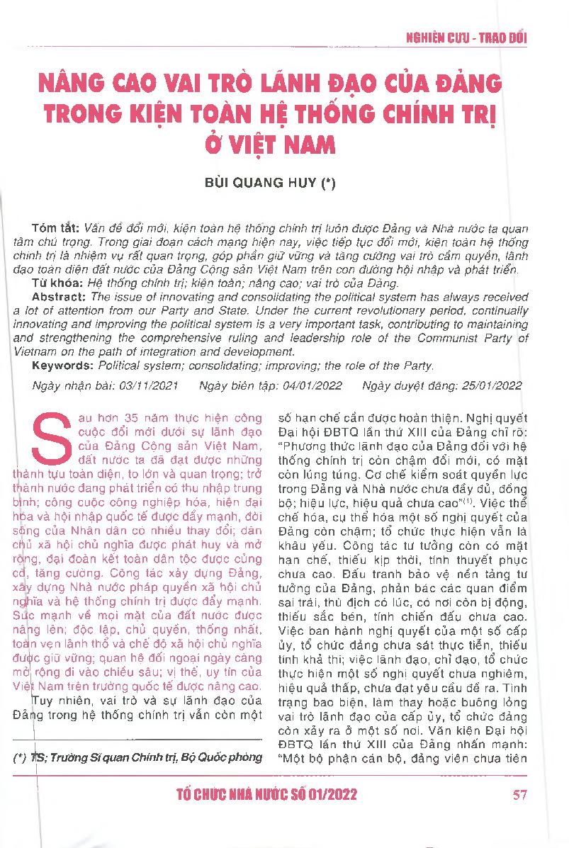 Nâng cao vai trò lãnh đạo của Đảng trong kiện toàn hệ thống chính trị ở Việt Nam = Promoting the Party’s leadership role in consolidating the political system in Vietnam