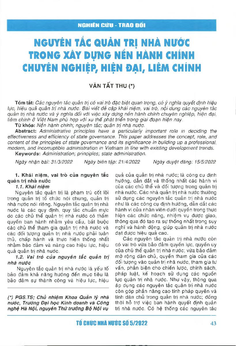 Nguyên tắc quản trị nhà nước trong xây dựng nền hành chính chuyên nghiệp, hiện đại, liêm chính = Principles of state governance in building a professional, modern, and incorruptible administrative system