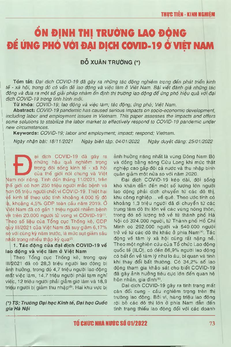 Ổn định thị trường lao động để ứng phó với đại dịch covid-19 ở Việt Nam = stabilizing the labor market to respond to COVID-19 pandemic in Vietnam