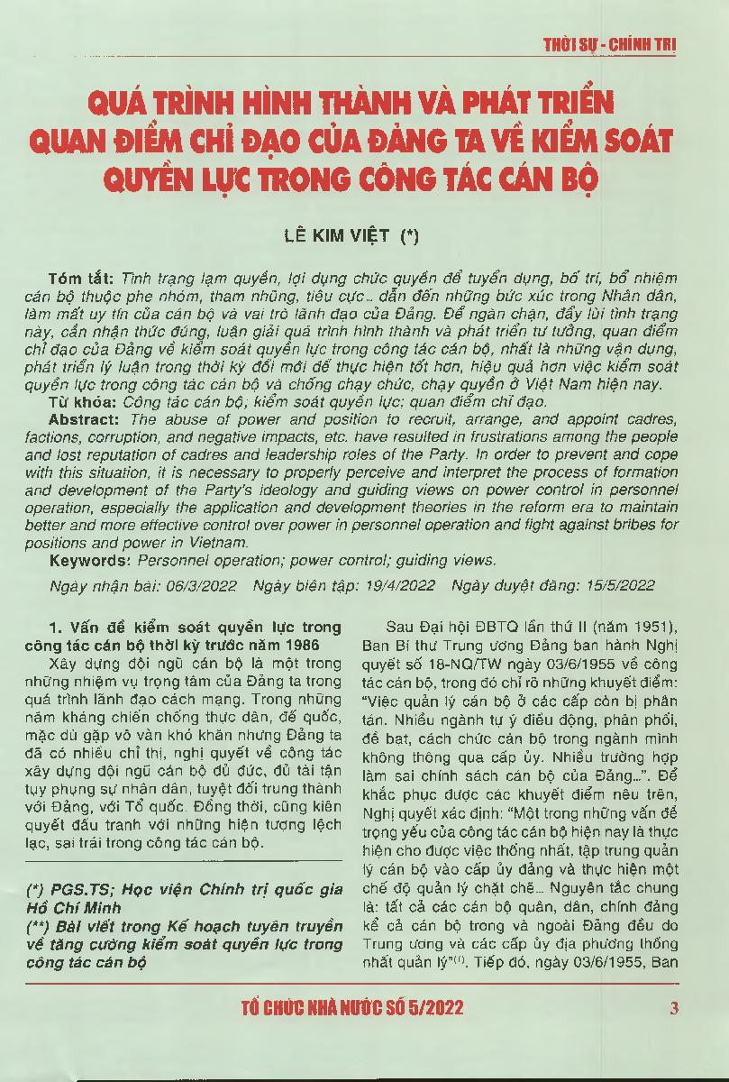 Quá trình hình thành và phát triển quan điểm chỉ đạo của Đảng ta về kiểm soát quyền lực trong công tác cán bộ = The process of forming and developing our Party’s guiding views on power control in personnel operation