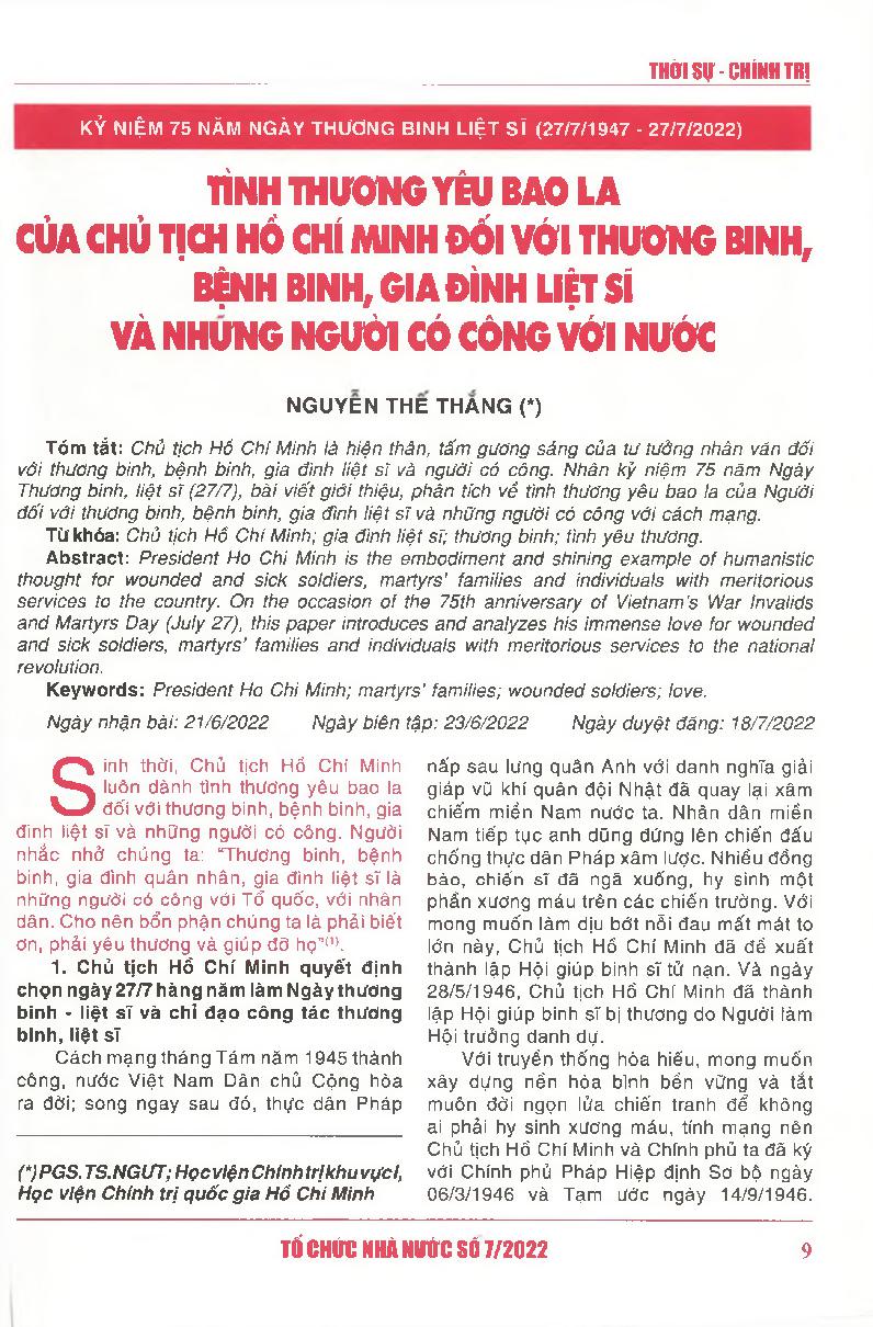 Tình thương yêu bao la của Chủ tịch Hồ Chí Minh đối với thương binh, bệnh binh, gia đình liệt sĩ và những người có công với nước = President Ho Chi Minh’s immense love for wounded and sick soldiers, martyrs’ families and individuals with meritorious servi