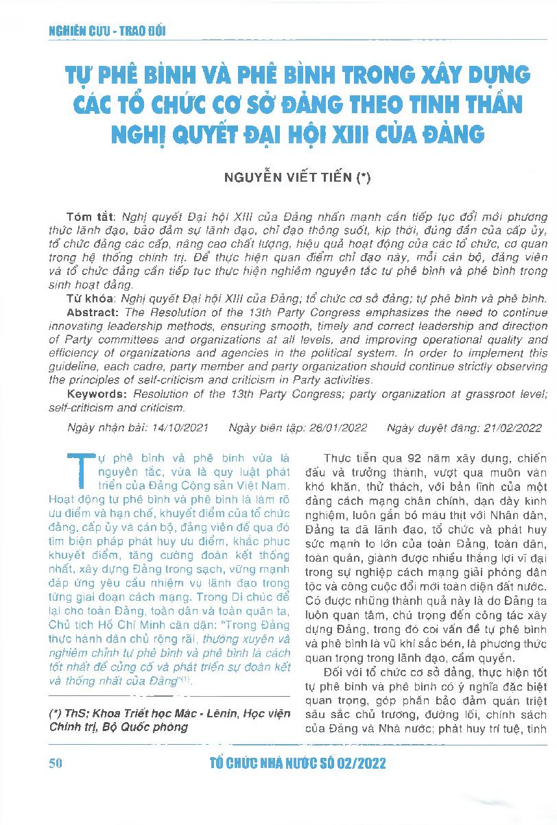 Tự phê bình và phê bình trong xây dựng các tổ chức cơ sở đảng theo tinh thần Nghị quyết Đại hội XIII của Đảng = Self-criticism and criticism in building up party organizations at grassroot level under the spirit of the Resolution of the 13th Party Congres