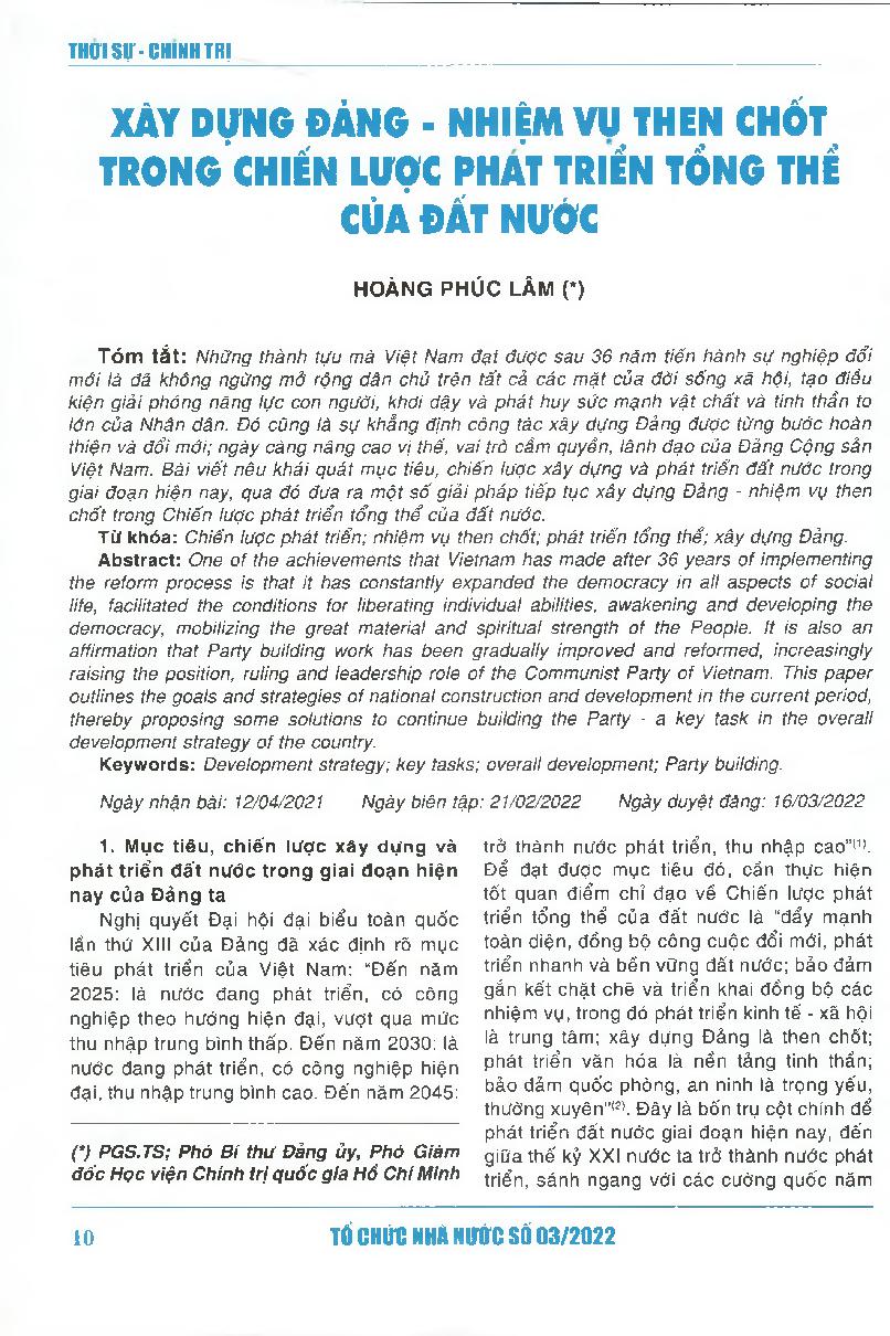 Xây dựng Đảng - nhiệm vụ then chốt trong chiến lược phát triển tổng thể của đất nước = Party building - a key task in the overall development strategy of the country