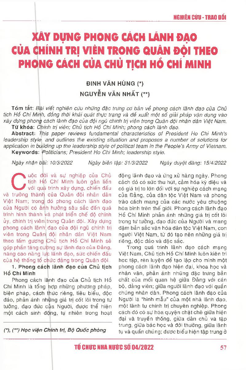Xây dựng phong cách lãnh đạo của chính trị viên trong quân đội theo phong cách của Chủ tịch Hồ Chí Minh = Building up the leadership style for politicians in the army following the style of President Ho Chi Minh