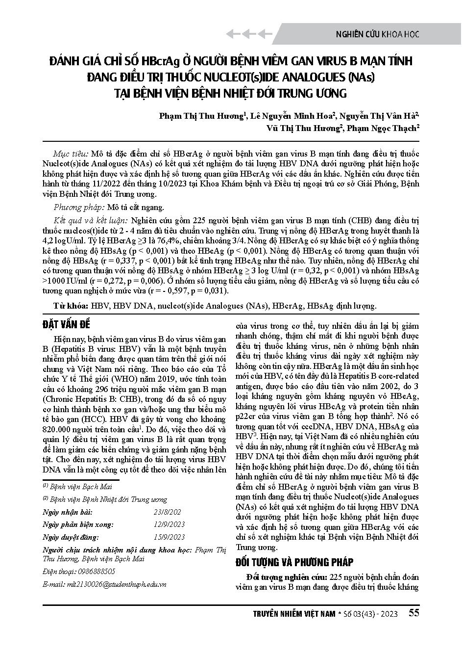 Đánh giá chỉ số HBcrAg ở người bệnh viêm gan virus B mạn tính đang điều trị thuốc nucleot(s)ide Analogues (NAs) tại Bệnh viện Bệnh Nhiệt đới Trung ương = Evaluation of HBcrAg in chronic hepatitis b patients treated with nucleot(s)ide Analogues (NAs) at Na