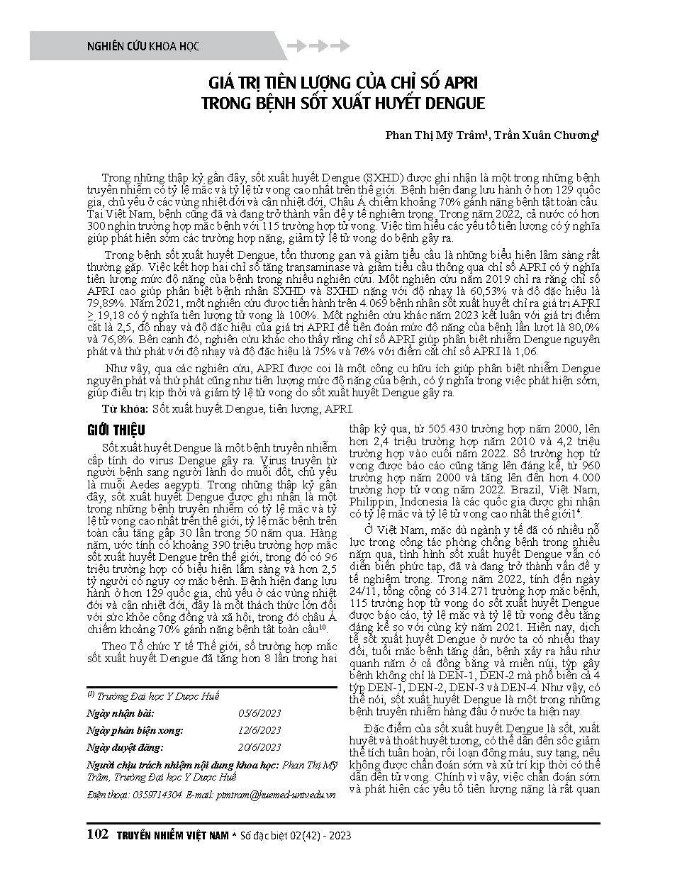 Giá trị tiên lượng của chỉ số apri trong bệnh sốt xuất huyết Dengue