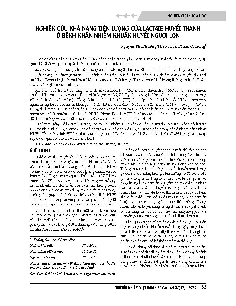 Nghiên cứu khả năng tiên lượng của Lactate huyết thanh ở bệnh nhân nhiễm khuẩn huyết người lớn