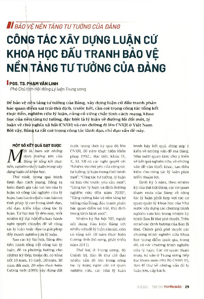 Công tác xây dụng luận cứ khoa học đấu tranh bảo vệ nền tảng tư tưởng của Đảng