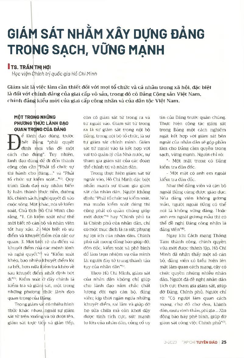 Giám sát nhằm xây dựng đảng trong sạch, vững mạnh