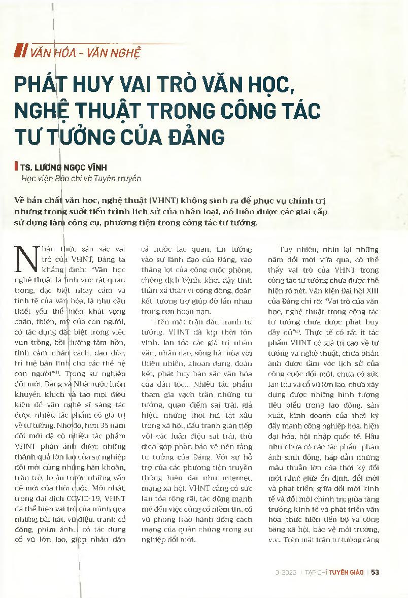 Phát huy vai trò văn học, nghệ thuật trong công tác tư tưởng của Đảng