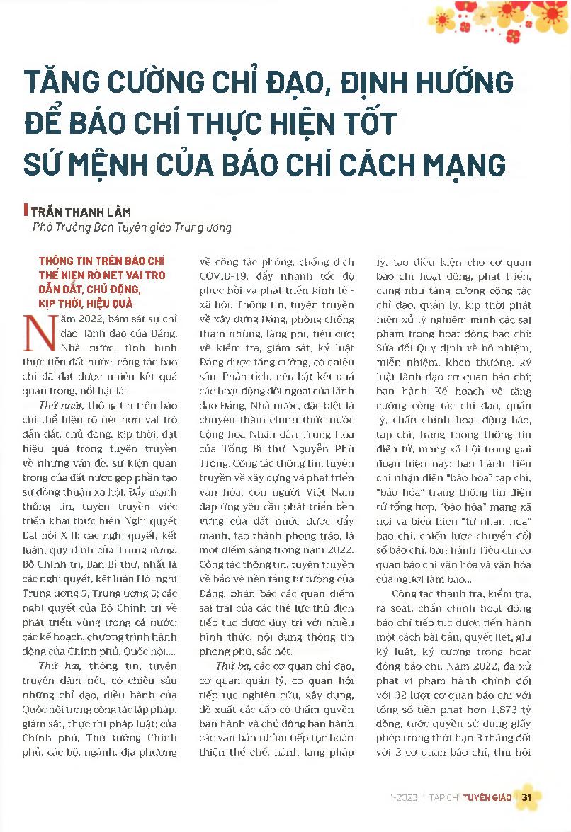 Tăng cường chỉ đạo, định hướng để báo chí thực hiện tốt sứ mệnh của báo chí cách mạng