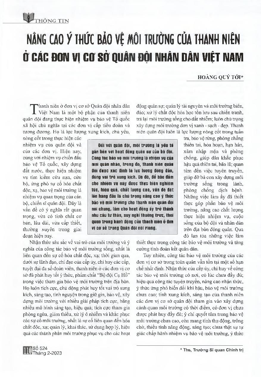 Nâng cao ý thức bảo vệ môi trường của thanh niên ở các đơn vị cơ sở quân đội nhân dân Việt Nam