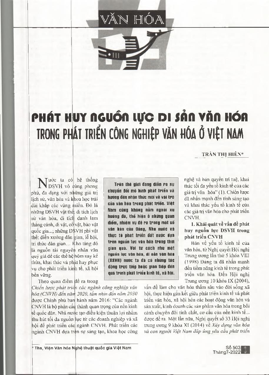 Phát huy nguồn lực di sản văn hóa trong phát triển công nghiệp văn hóa ở Việt Nam = Promoting cultural heritage resources in the development of cultural industry in Vietnam