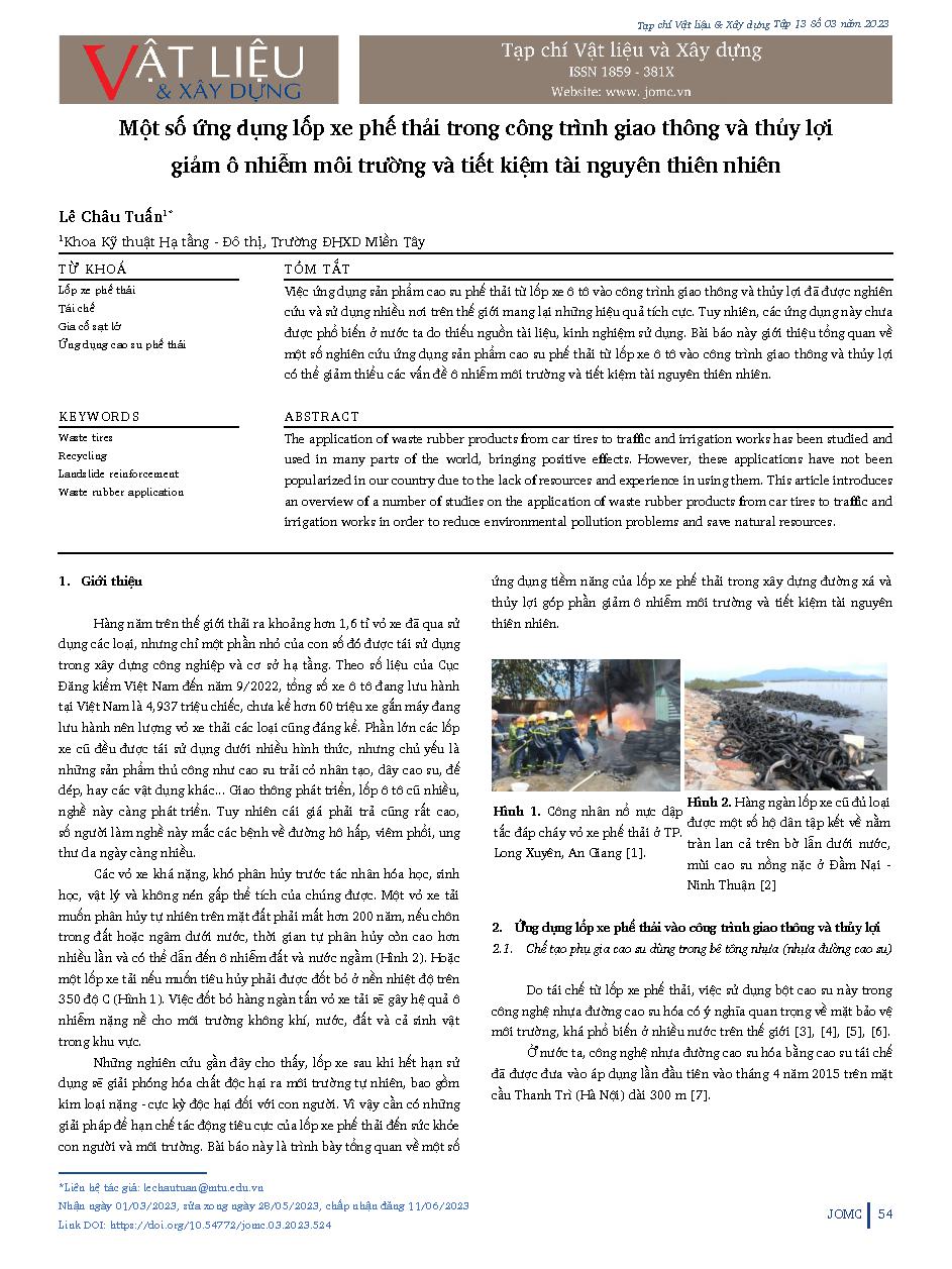 Một số ứng dụng lốp xe phế thải trong công trình giao thông và thủy lợi giảm ô nhiễm môi trường và tiết kiệm tài nguyên thiên nhiên = Some applications of waste tires in traffic and irrigation projects reduce environmental pollution and save natural resou