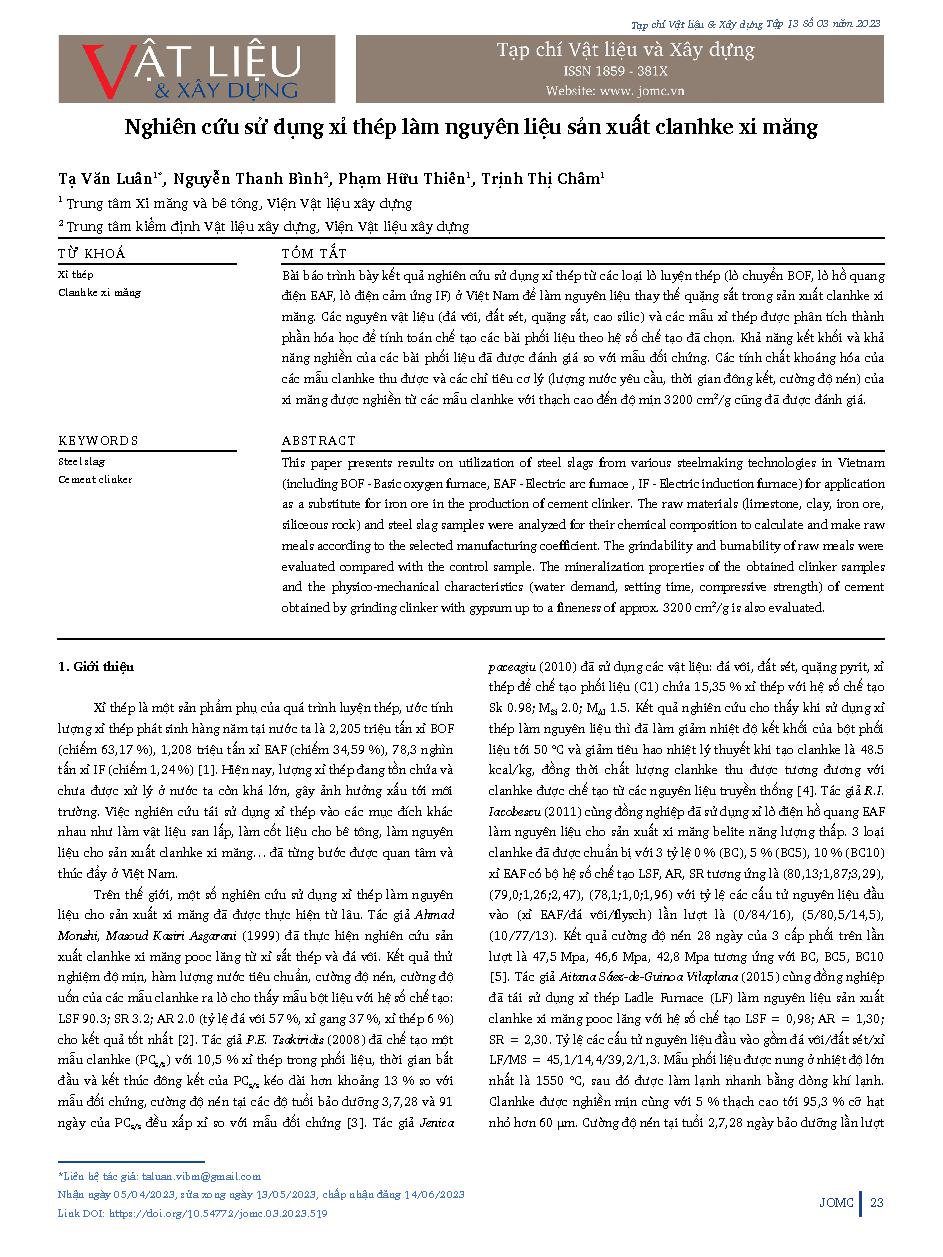 Nghiên cứu sử dụng xỉ thép làm nguyên liệu sản xuất clanhke xi măng = Research on using steel slag as raw material for cement clinker production