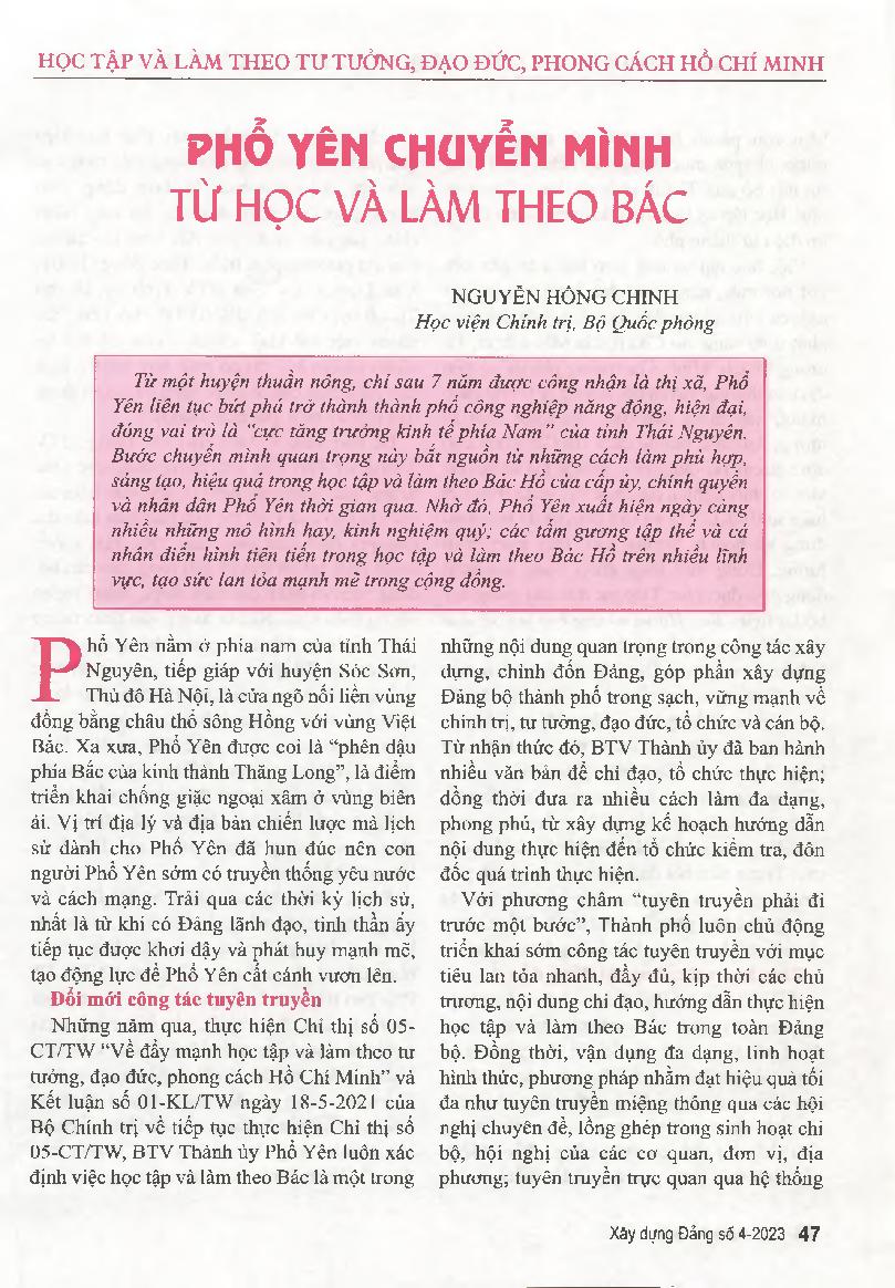 Phổ Yên chuyển mình từ học và làm theo Bác