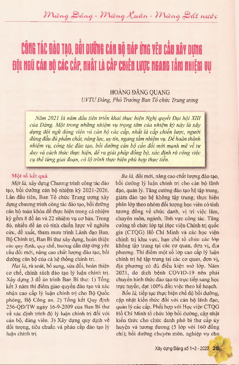 Công tác đào tạo, bồi dưỡng cán bộ đáp ứng yêu cầu xây dựng đội ngũ cán bộ các cấp, nhất là cấp chiến lược ngang tầm nhiệm vụ
