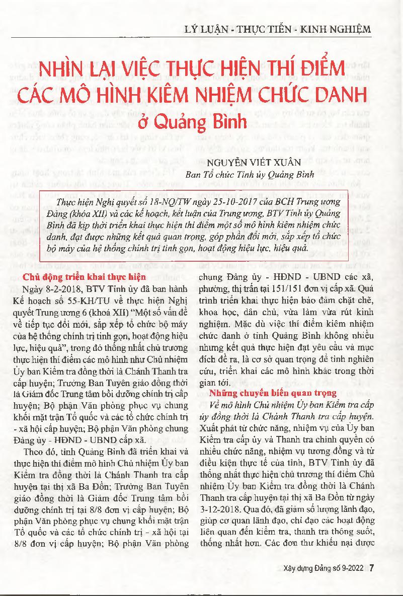 Nhìn lại việc thực hiện thí điểm các mô hình kiêm nhiệm chức danh ở Quảng Bình