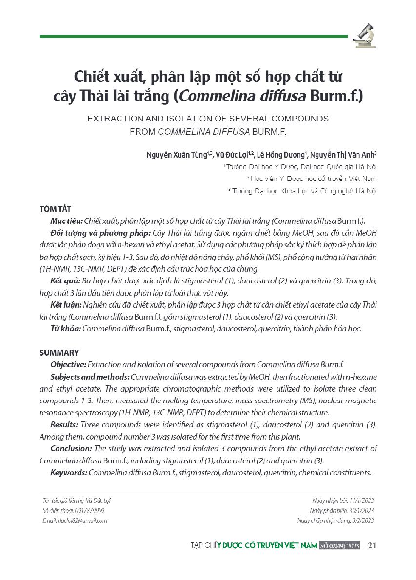 Chiết xuất, phân lập một số hợp chất từ cây Thài lài trắng (Commelina diffusa Burm.f.) = Extraction and isolation of several compounds from commeuna diffusa burm.f.