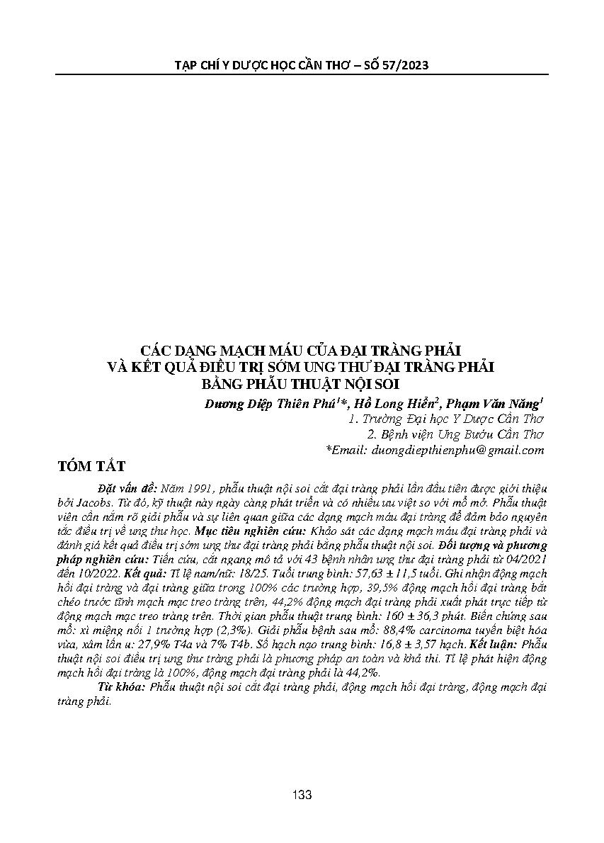 Các dạng mạch máu của đại tràng phải và kết quả điều trị sớm ung thư đại tràng phải bằng phẫu thuật nội soi