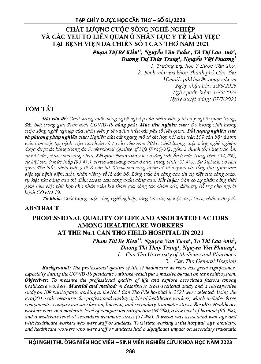 Chất lượng cuộc sống nghề nghiệp và các yếu tố liên quan ở nhân lực y tế làm việc tại Bệnh viện Dã chiến số 1 Cần Thơ năm 2021 = Professional quality of life and associated factors among healthcare workers at the no.1 can tho field hospital in 2021