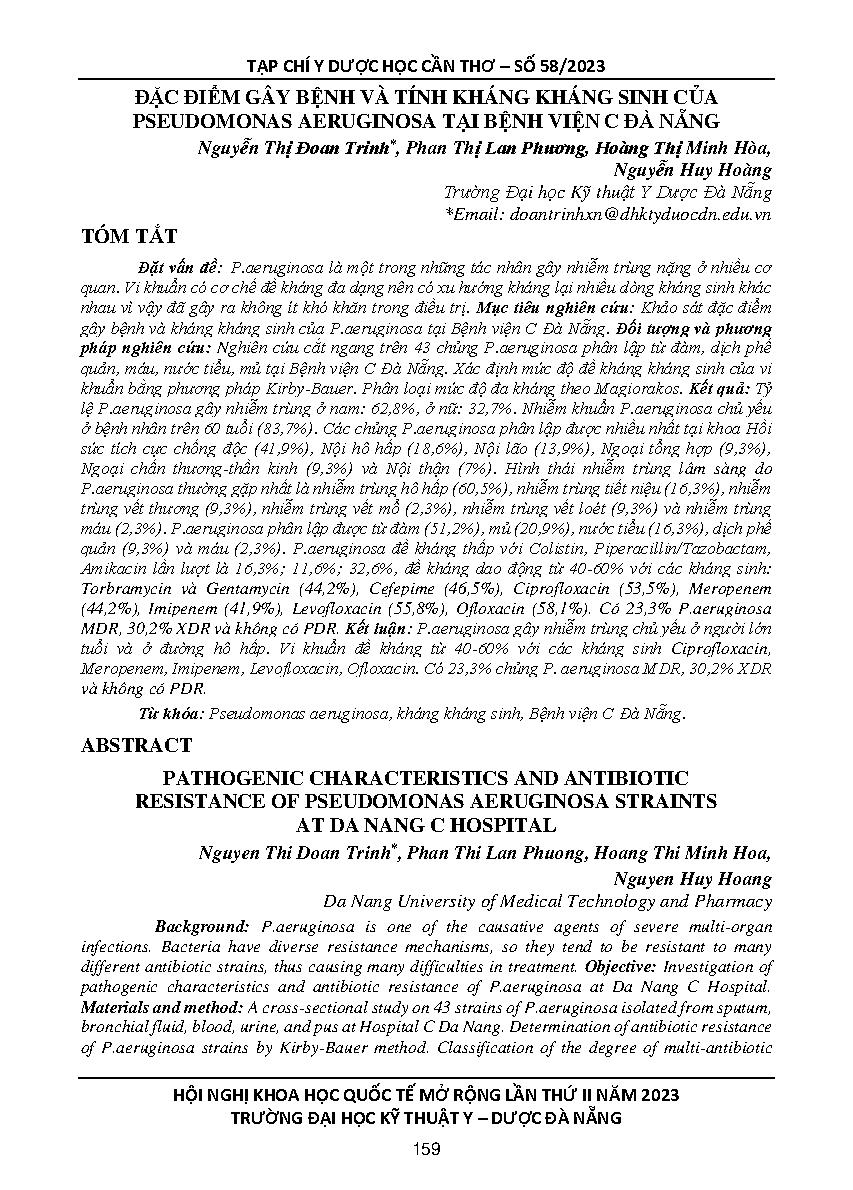 Đặc điểm gây bệnh và tính kháng kháng sinh của Pseudomonas aeruginosa tại Bệnh viện C Đà Nẵng