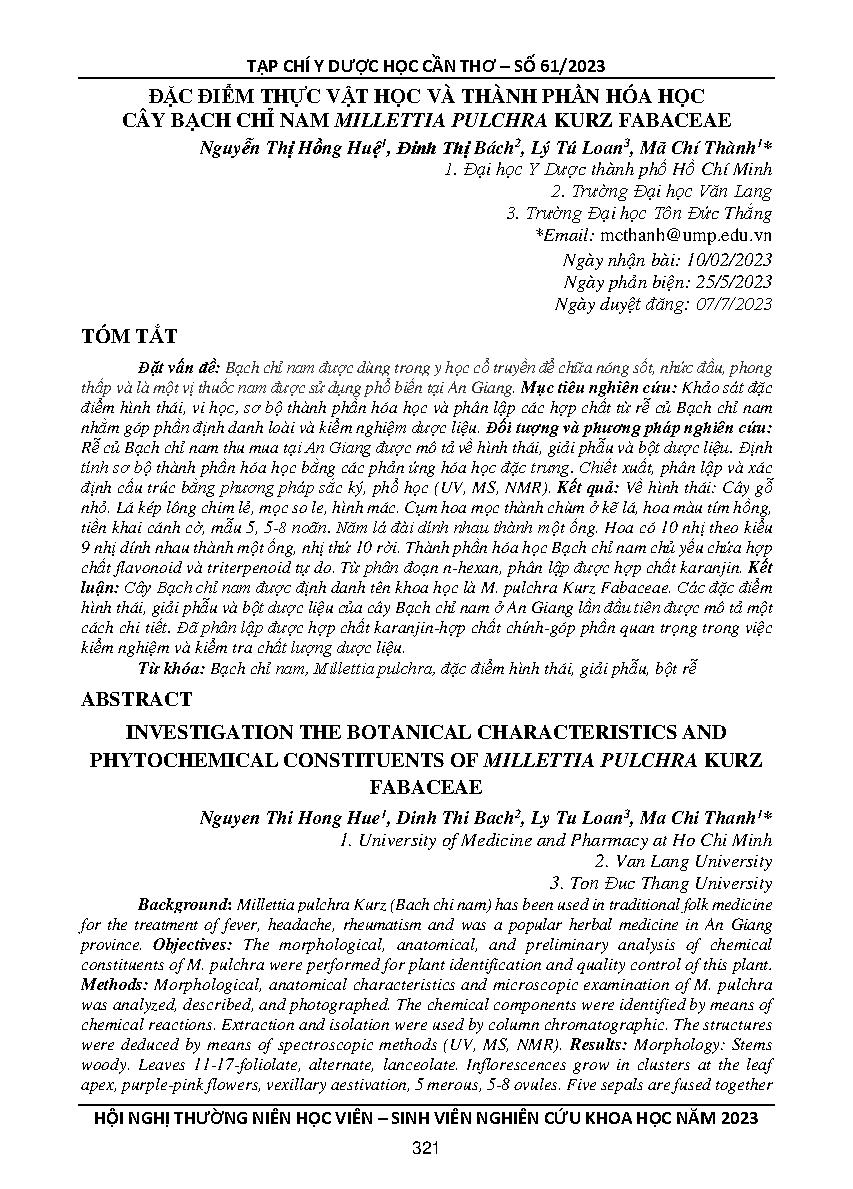Đặc điểm thực vật học và thành phần hóa học cây bạch chỉ nam Millettia pulchra Kurz Fabaceae = Investigation the botanical characteristics and phytochemical constituents of millettia pulchra kurz fabaceae
