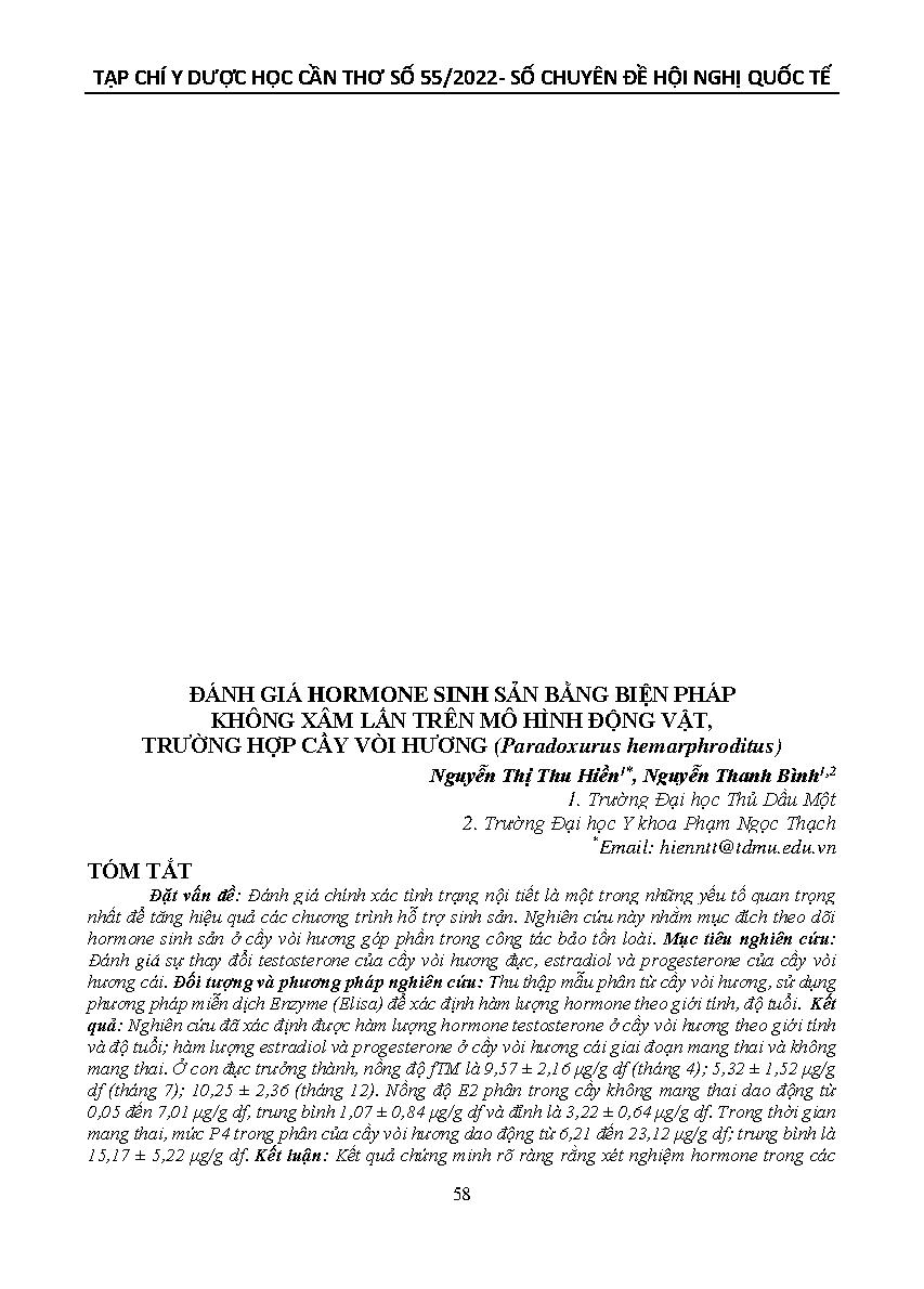 Đánh giá hormone sinh sản bằng biện pháp không xâm lấn trên mô hình động vật, trường hợp cầy vòi hương (Paradoxurus hermaphroditus) = Assessment of reproductive hormone by non-invasive methods in animal models, case of commom palm civet (paradoxurus hemar