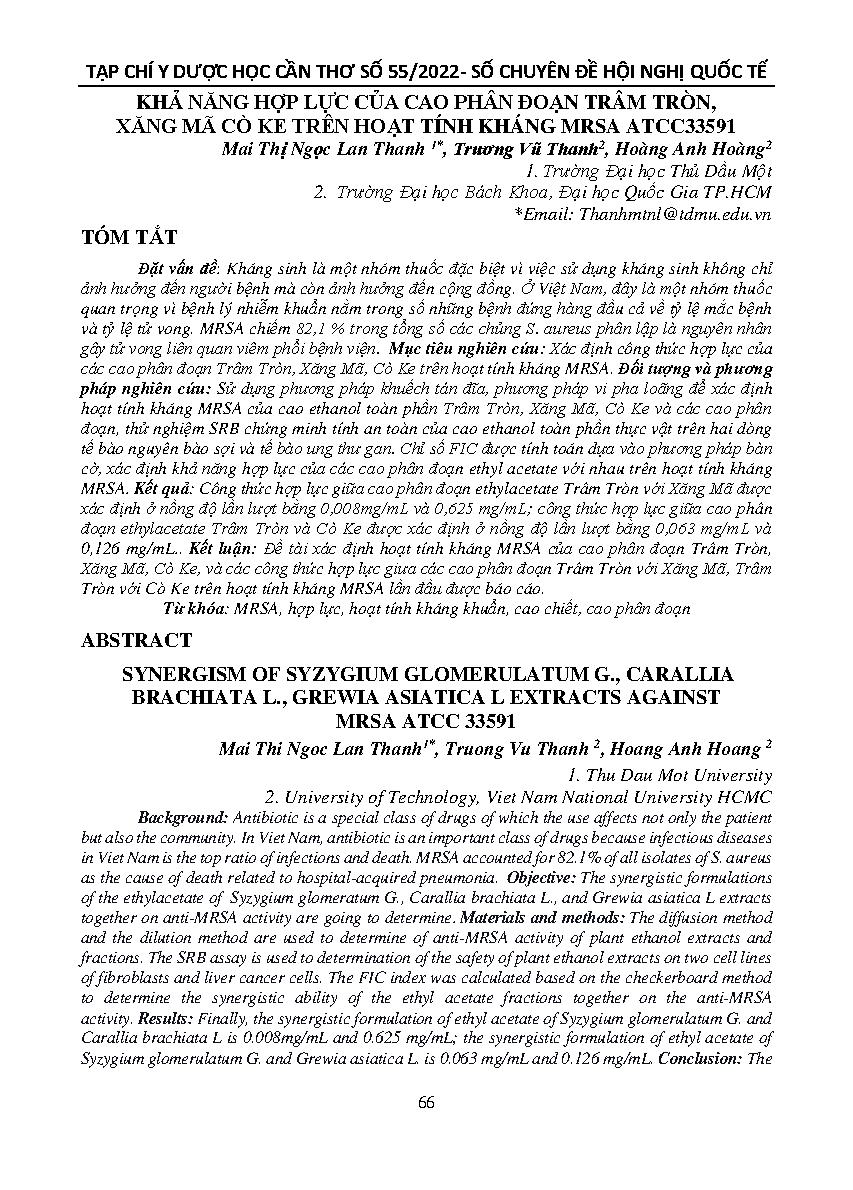 Khả năng hợp lực của cao phân đoạn trâm tròn, xăng mã cò ke trên hoạt tính kháng MRSA ATCC33591 = Synergism of syzygium glomerulatum g., carallia brachiata l., grewia asiatica l extracts against mrsa atcc 33591