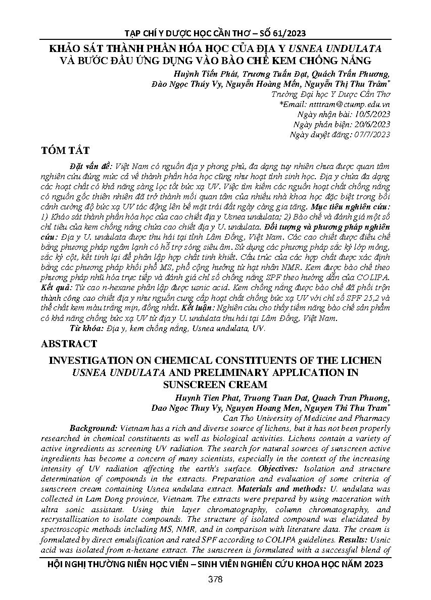 Khảo sát thành phần hóa học của địa y usnea undulata và bước đầu ứng dụng vào bào chế kem chống nắng = investigation on chemical constituents of the lichen usnea undulata and preliminary application in sunscreen cream