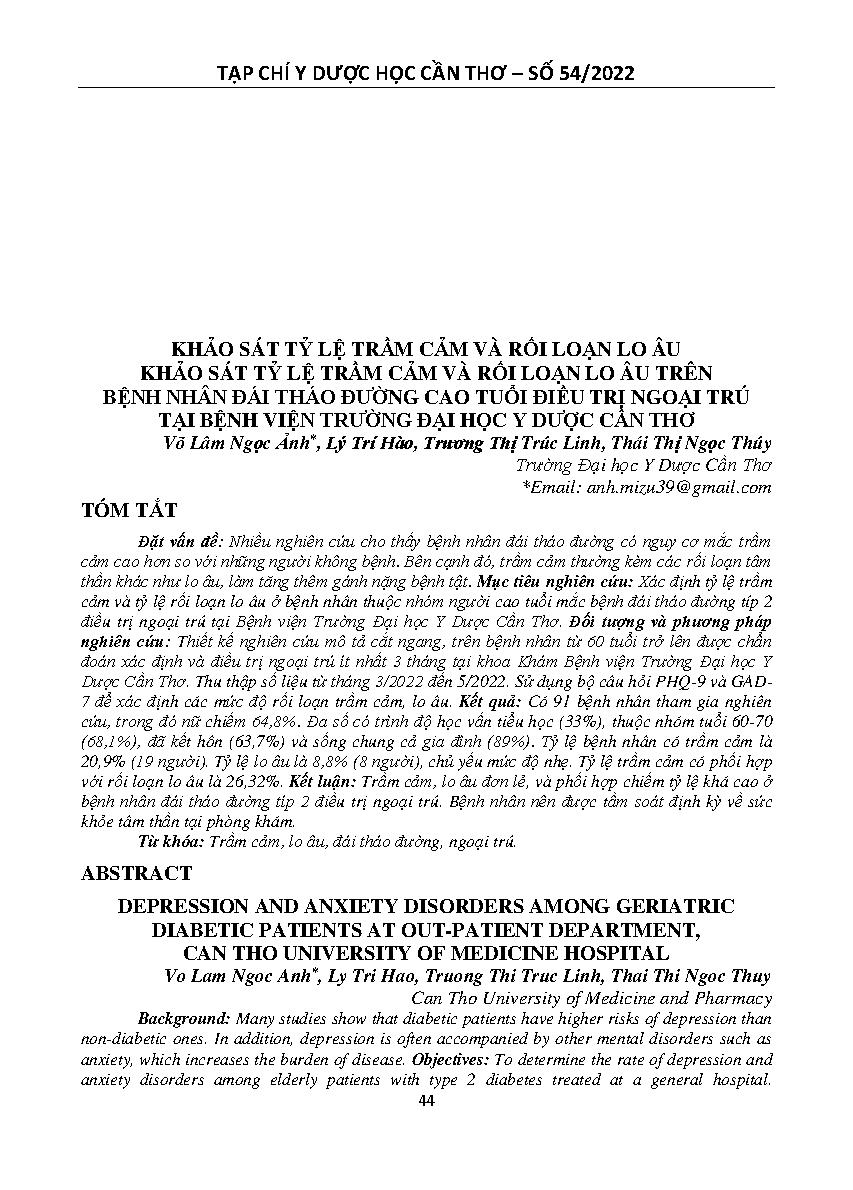 Khảo sát tỷ lệ trầm cảm và rối loạn lo âu trên bệnh nhân đái tháo đường cao tuổi điều trị ngoại trú tại Bệnh viện Trường Đại học Y dược Cần Thơ = Depression and anxiety disorders among geriatric diabetic patients at out-patient department, can tho univers