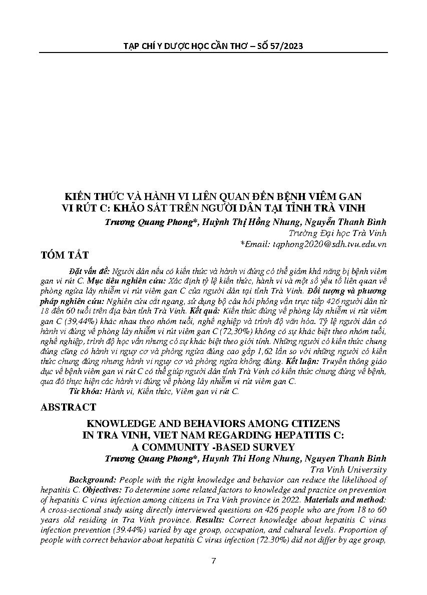 Kiến thức và hành vi liên quan đến bệnh viêm gan vi rút C: Khảo sát trên người dân tại tỉnh Trà Vinh