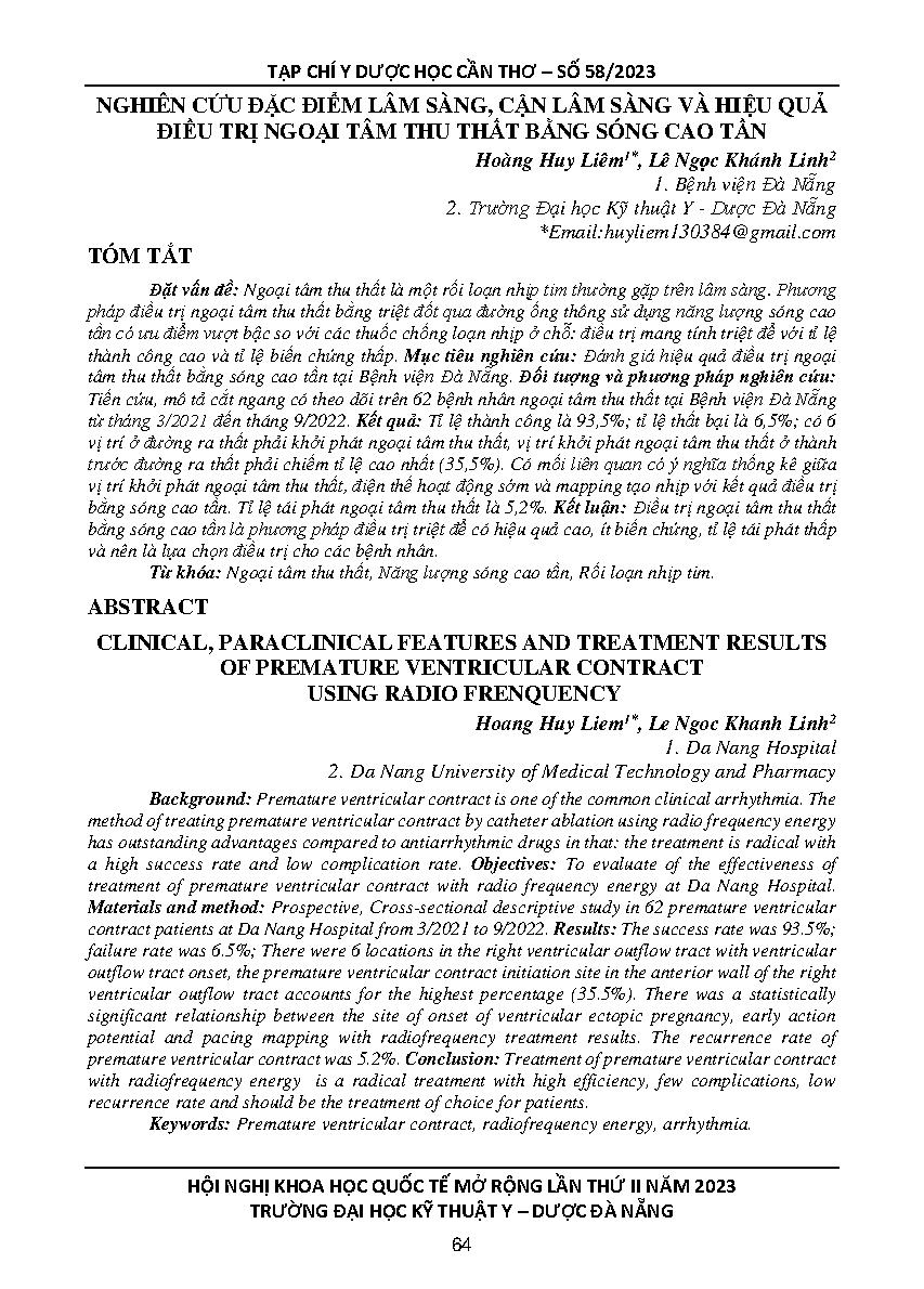 Nghiên cứu đặc điểm lâm sàng, cận lâm sàng và hiệu quả điều trị ngoại tâm thu thất bằng sóng cao tần