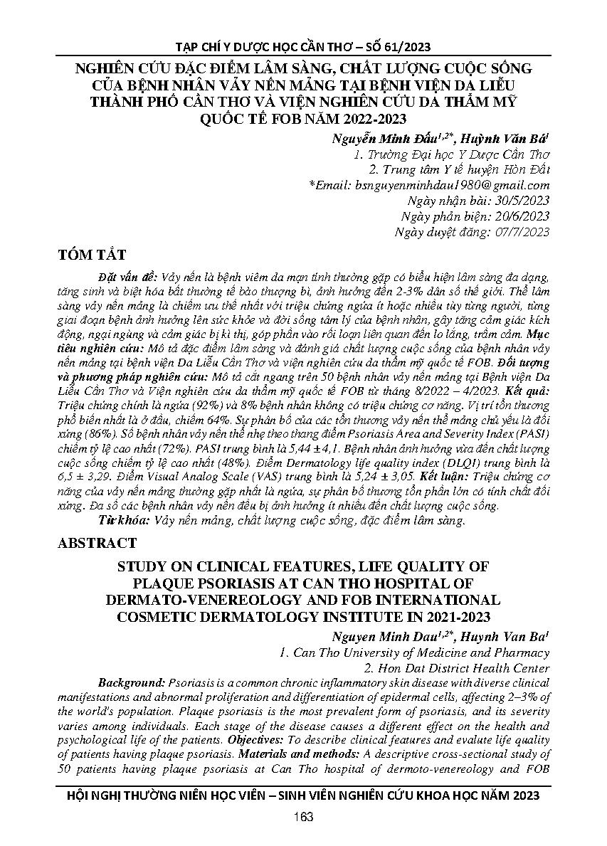 Nghiên cứu đặc điểm lâm sàng, chất lượng cuộc sống của bệnh nhân vảy nến mảng tại Bệnh viện Da liễu thành phố Cần Thơ và Viện Nghiên cứu da thẩm mỹ quốc tế FOB năm 2022-2023 = Study on clinical features, life quality of plaque psoriasis at can tho hospita
