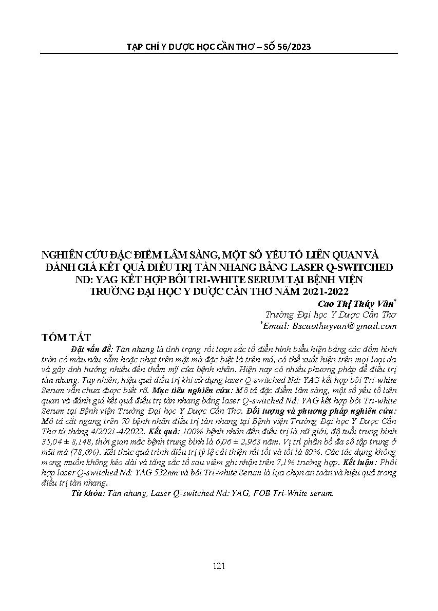 Nghiên cứu đặc điểm lâm sàng, một số yếu tố liên quan và đánh giá kết quả điều trị tàn nhang bằng laser Q-switched Nd: YAG kết hợp bôi Tri-White serum tại Bệnh viện Trường Đại học Y dược Cần Thơ năm 2021-2022
