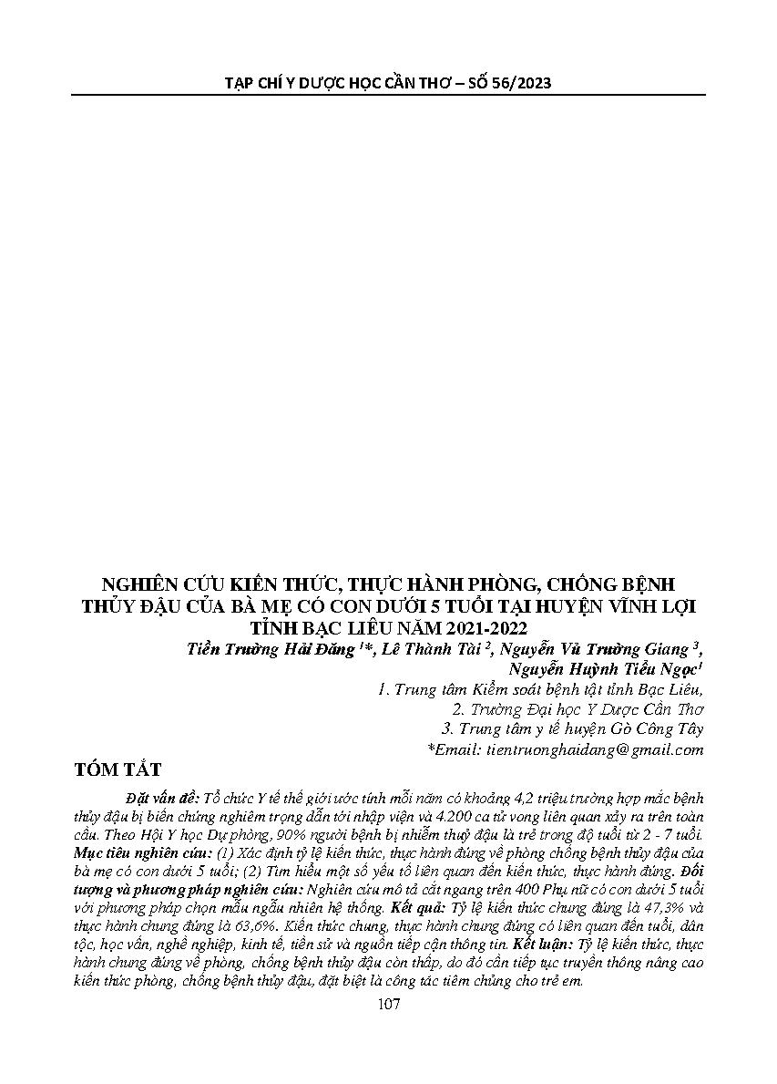 Nghiên cứu kiến thức, thực hành phòng, chống bệnh thủy đậu của bà mẹ có con dưới 5 tuổi tại huyện Vĩnh Lợi tỉnh Bạc Liêu năm 2021-2022