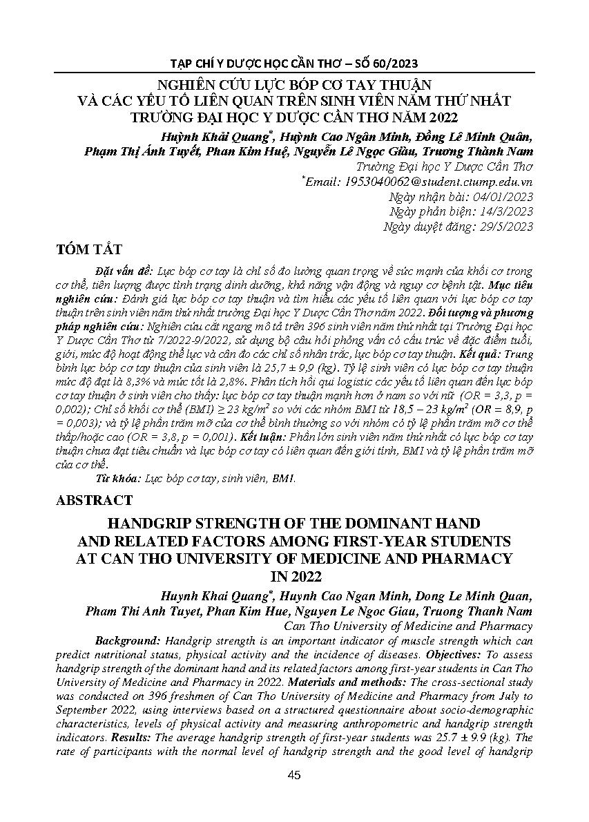 Nghiên cứu lực bóp cơ tay thuận và các yếu tố liên quan trên sinh viên năm thứ nhất Trường Đại học Y dược Cần Thơ năm 2022