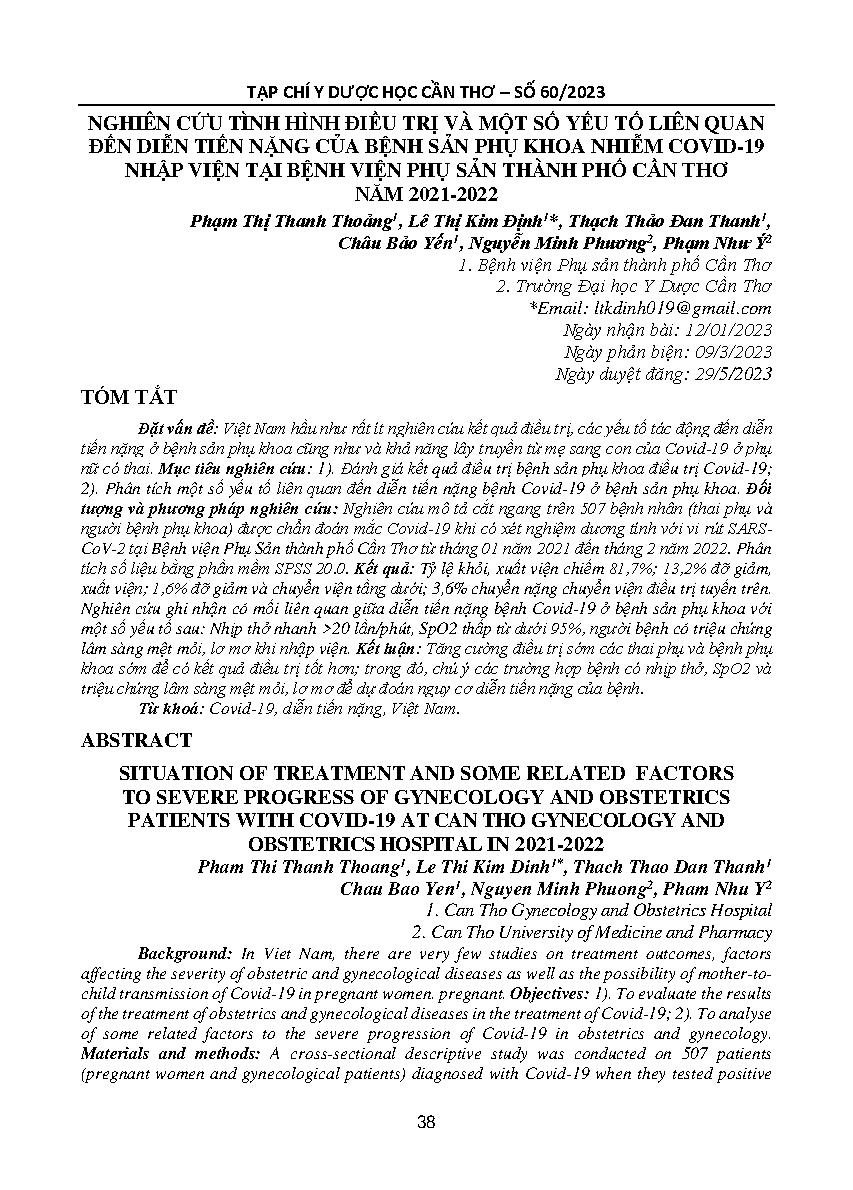 Nghiên cứu tình hình điều trị và một số yếu tố liên quan đến diễn tiến nặng của bệnh sản phụ khoa nhiễm Covid-19 nhập viện tại Bệnh viện Phụ sản thành phố Cần Thơ năm 2021-2022