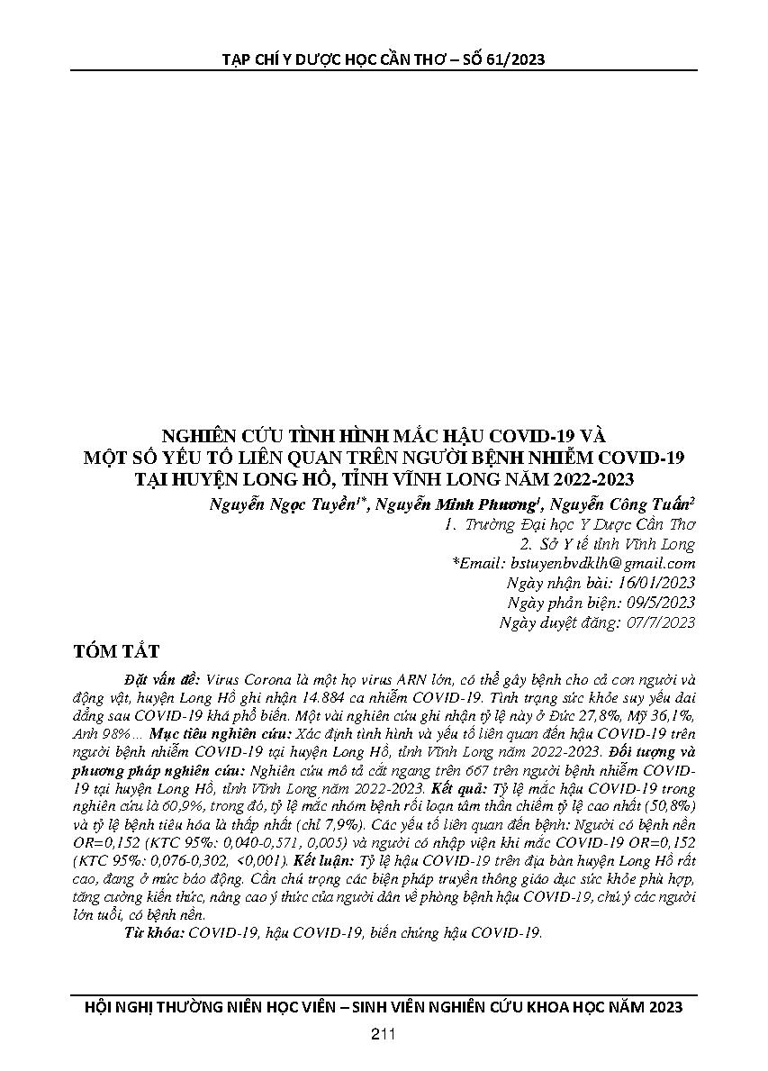 Nghiên cứu tình hình mắc hậu Covid-19 và một số yếu tố liên quan trên người bệnh nhiễm Covid-19 tại huyện Long Hồ, tỉnh Vĩnh Long năm 2022-2023 = Study on the situation of the post-covid-19 and some related factors in persons with covid-19 in long ho dist
