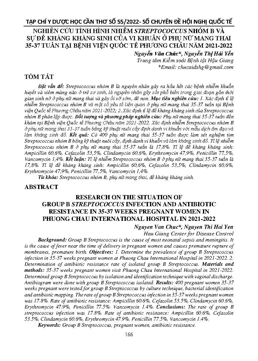 Nghiên cứu tình hình nhiễm Streptococcus nhóm B và sự đề kháng kháng sinh của vi khuẩn ở phụ nữ mang thai 35-37 tuần tại Bệnh viện Quốc tế Phương Châu năm 2021-2022 = Research on the situation of group b streptococcus infection and antibiotic resistance i