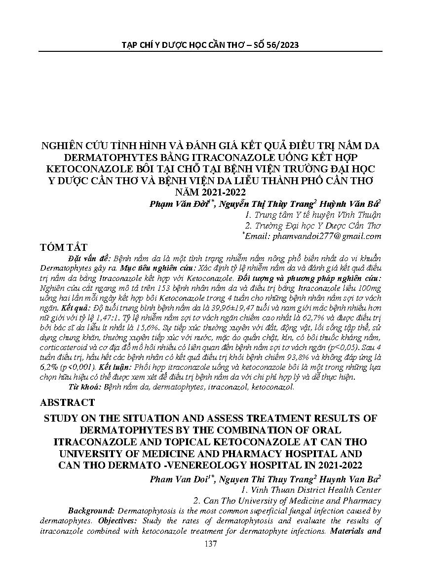Nghiên cứu tình hình và đánh giá kết quả điều trị nấm da dermatophytes bằng itraconazole uống kết hợp ketoconazole bôi tại chỗ tại Bệnh viện Trường Đại học Y dược Cần Thơ và Bệnh viện Da liễu thành phố Cần Thơ năm 2021-2022