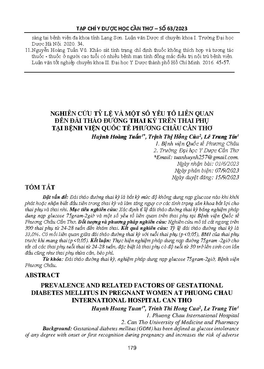 Nghiên cứu tỷ lệ và một số yếu tố liên quan đến đái tháo đường thai kỳ trên thai phụ tại Bệnh viện Quốc tế Phương Châu Cần Thơ = Prevalence and related factors of gestational diabetes mellitus in pregnant women at Phuong Chau International Hospital Can Th