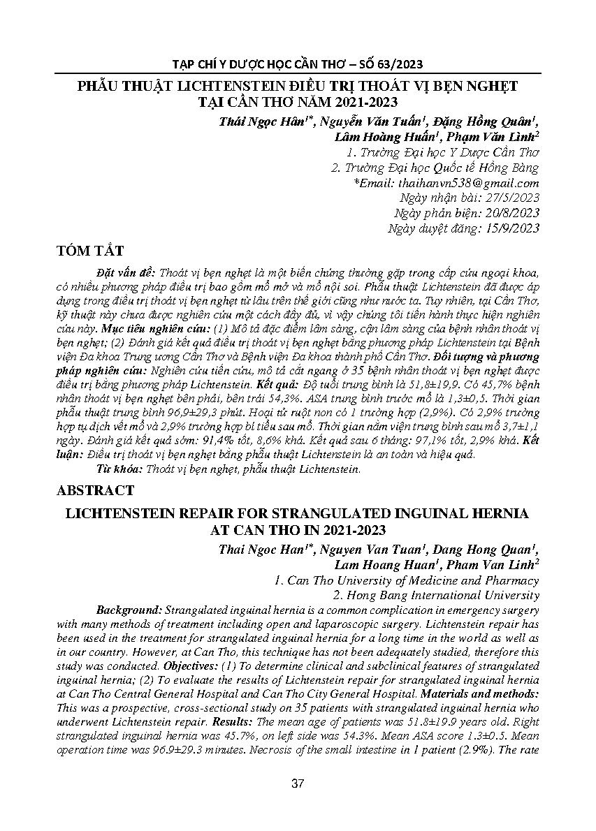 Phẫu thuật Lichtenstein điều trị thoát vị bẹn nghẹt tại Cần Thơ năm 2021-2023 = Lichtenstein repair for strangulated inguinal hernia at Can Tho in 2021-2023