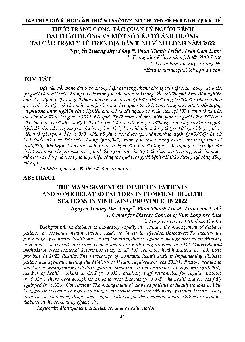 Thực trạng công tác quản lý người bệnh đái tháo đường và một số yếu tố ảnh hưởng tại các trạm y tế trên địa bàn tỉnh Vĩnh Long năm 2022 = The management of diabetes patients and some related factors in commune health stations in Vinh Long province in 2022