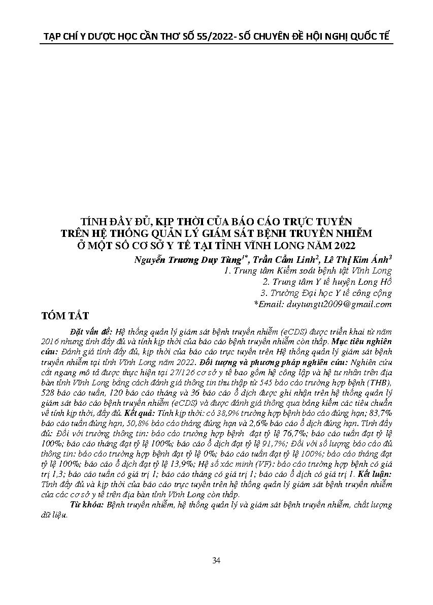 Tính đầy đủ, kịp thời của báo cáo trực tuyến trên hệ thống quản lý giám sát bệnh truyền nhiễm ở một số cơ sở y tế tại tỉnh Vĩnh Long năm 2022 = Completeness, timeliness of online reports on electronic communicable disease surveillance system in some medic