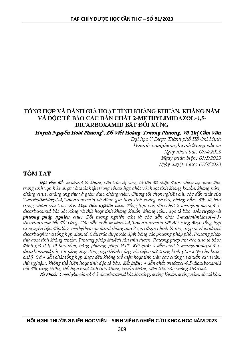 Tổng hợp và đánh giá hoạt tính kháng khuẩn, kháng nấm và độc tế bào các dẫn chất 2-methylimidazol-4,5-dicarboxamid bất đối xứng = Synthesis and evaluation of antibacterial, antifungal, cytotoxic activities of some asymmetric 2- methylimidazole-4,5-dicarbo
