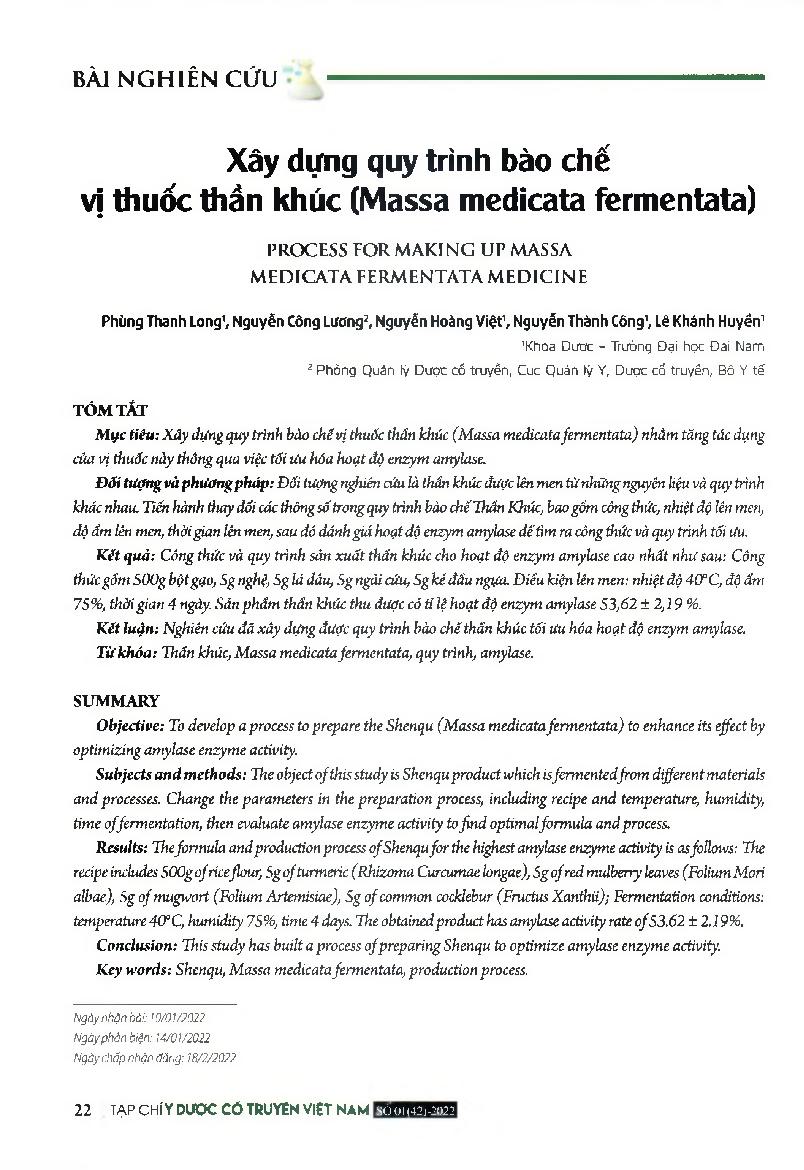 Xây dựng quy trình bào chê' vị thuốc thần khúc (Massa medicata íermentata) = Process for making up Massa medicata fermentata medicine