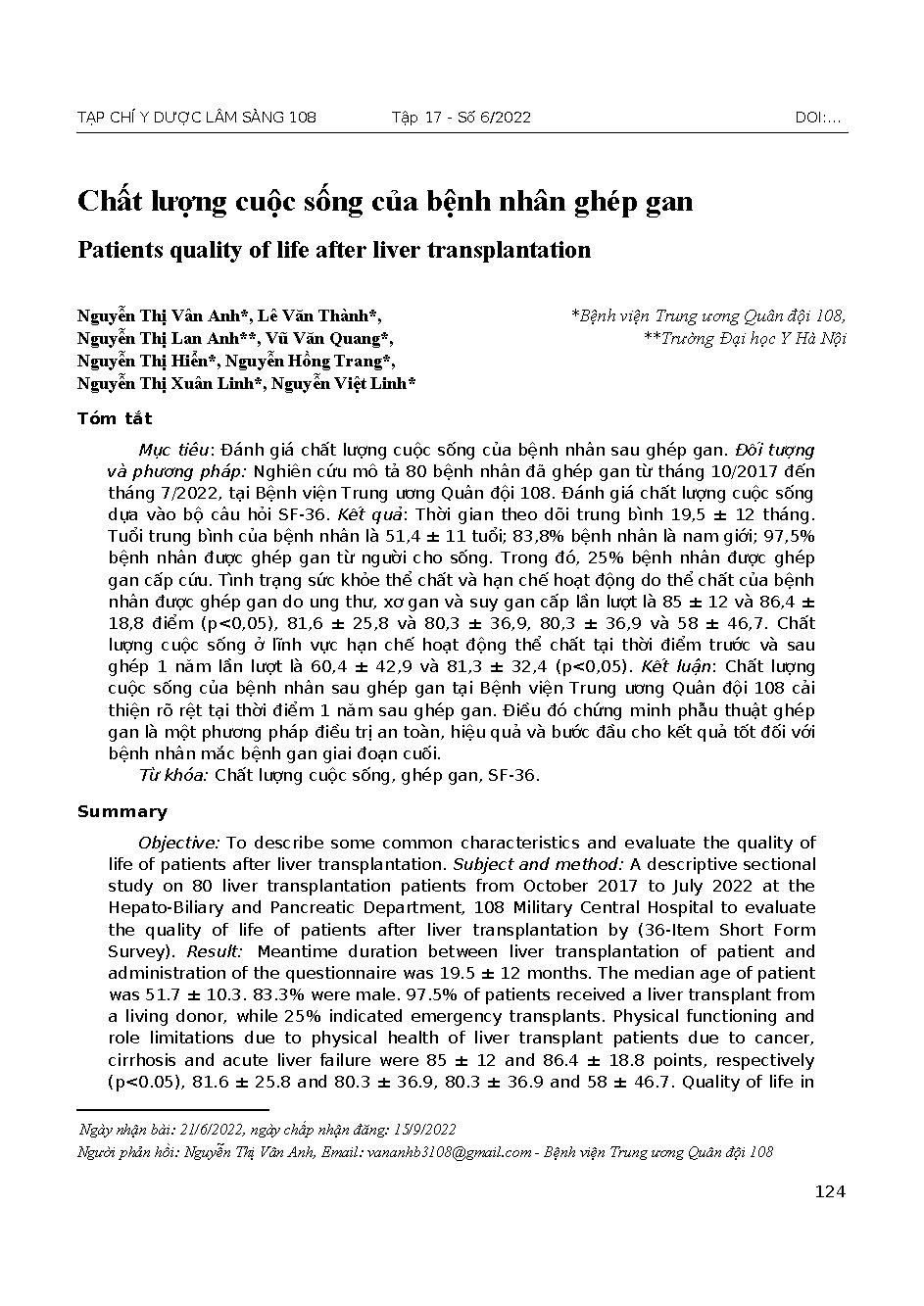 Chất lượng cuộc sống của bệnh nhân ghép gan = Patients quality of life after liver transplantation