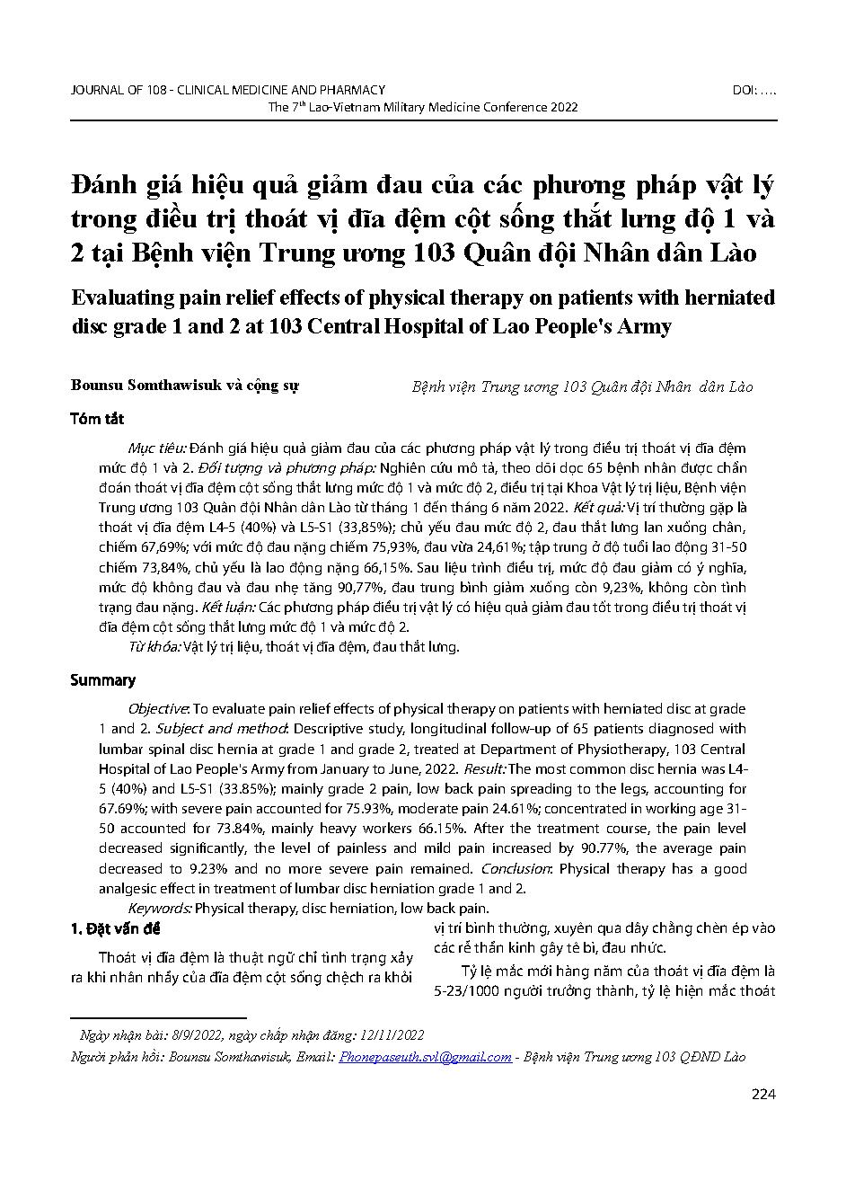 Đánh giá hiệu quả giảm đau của các phương pháp vật lý trong điều trị thoát vị đĩa đệm cột sống thắt lưng độ 1 và 2 tại Bệnh viện Trung ương 103 Quân đội Nhân dân Lào = Evaluating pain relief effects of physical therapy on patients with herniated disc grad